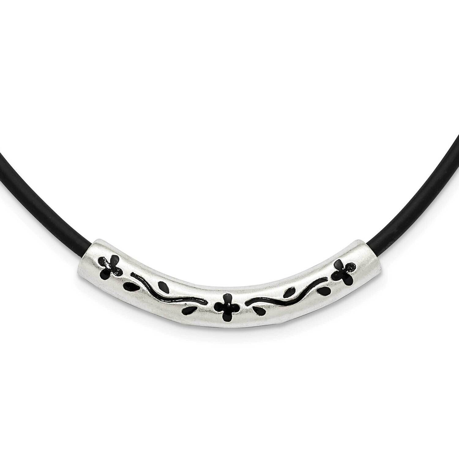 Enameled &amp; Satin Floral Bar On Black Rubber Cord Necklace Sterling Silver QH359-18, MPN: QH359-18, …