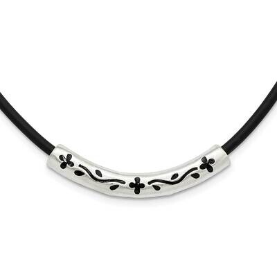 Enameled &amp; Satin Floral Bar On Black Rubber Cord Necklace Sterling Silver QH359-18, MPN: QH359-18, …