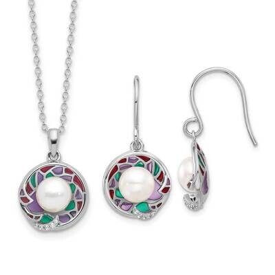 Rh-Plated Enamel Fwc Pearl CZ 17 Inch Necklace Earring Set Sterling Silver QH5825SET, MPN: QH5825SE…