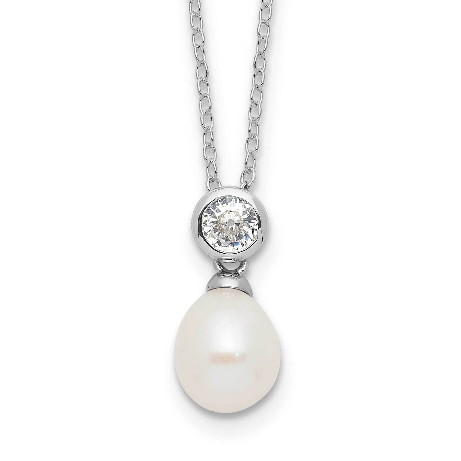 Rh-Plated 7-8mm White Rice Fwc Pearl CZ 17 Inch Necklace Sterling Silver QH5785-17, MPN: QH5785-17,