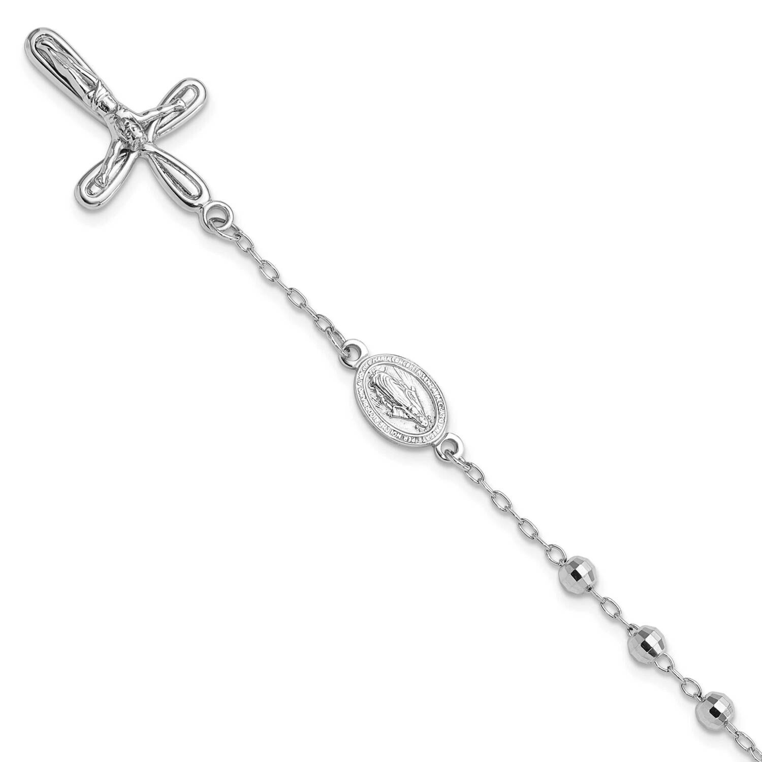 Dangle Cross Beaded Rosary 7.5 Inch Bracelet Sterling Silver Rhodium-Plated QG6383-7.5