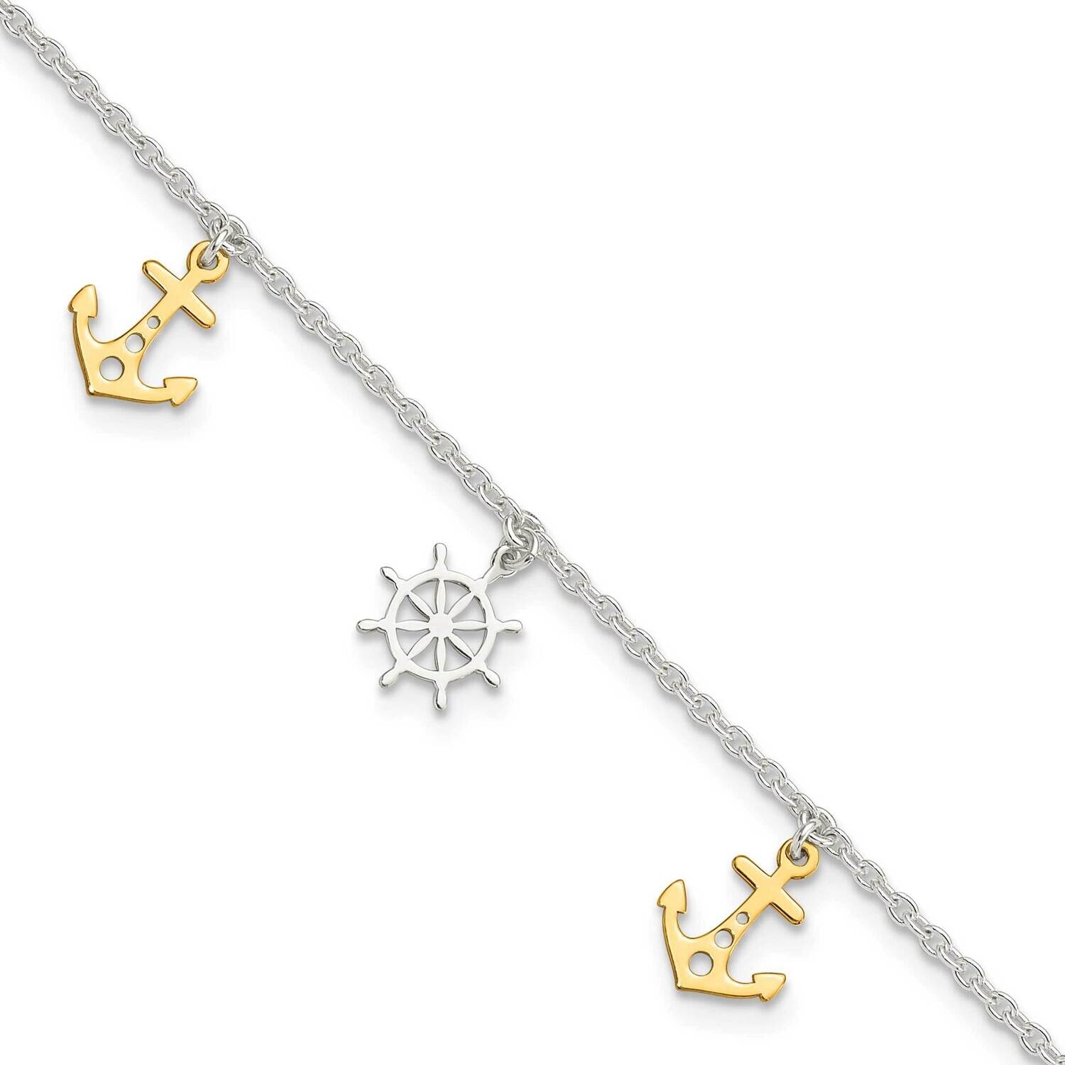 Gold Tone Anchor Ship&#39;s Wheel 9 Inch Plus 1 Inch Extension Anklet Sterling Silver QG6322-9, MPN: QG…