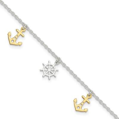 Gold Tone Anchor Ship&#39;s Wheel 9 Inch Plus 1 Inch Extension Anklet Sterling Silver QG6322-9, MPN: QG…