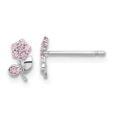 Polished Pink CZ Flower Post Earrings Sterling Silver Rhodium-Plated QE17632, MPN: QE17632,