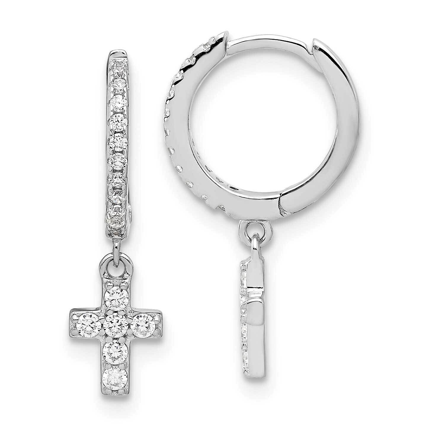 Rh-Plated Polished CZ Cross Dangle Round Hoop Earrings Sterling Silver QE17688, MPN: QE17688,