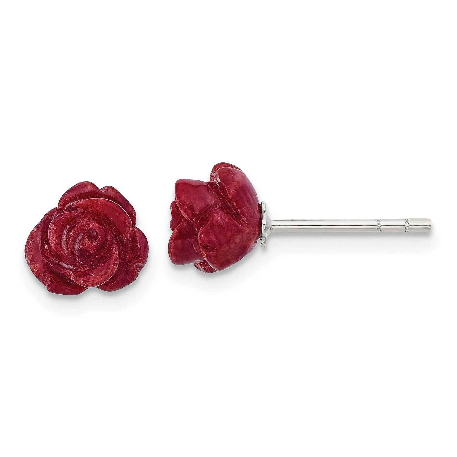 Red Coral Rose Post Earrings Sterling Silver Polished QE17333