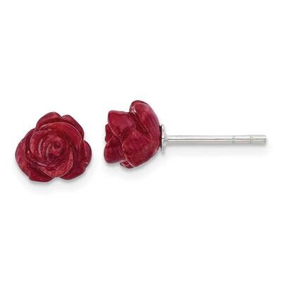 Red Coral Rose Post Earrings Sterling Silver Polished QE17333, MPN: QE17333,