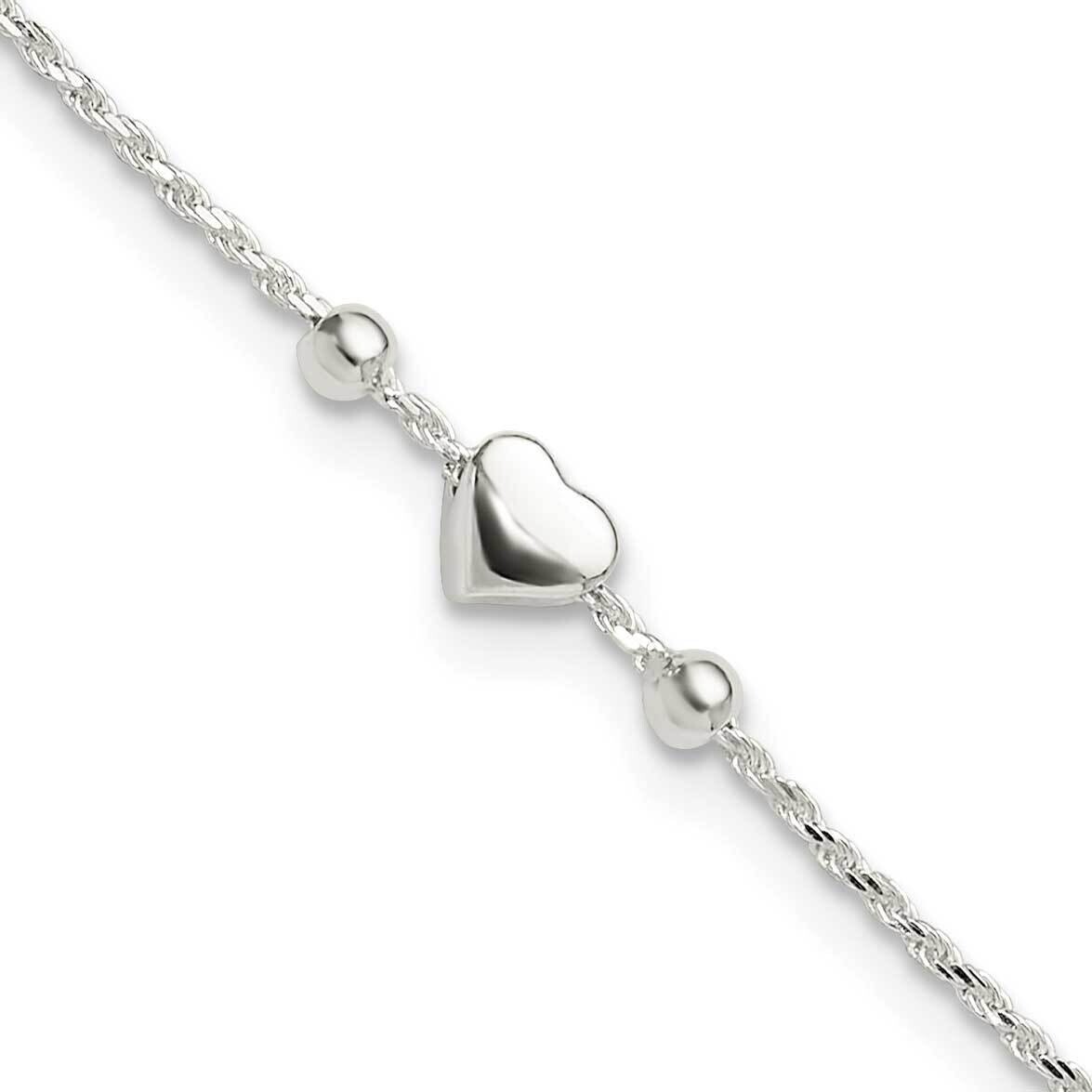 Heart 9 Inch Plus 1 Inch Extender Anklet Sterling Silver Polished QG6298-9, MPN: QG6298-9,
