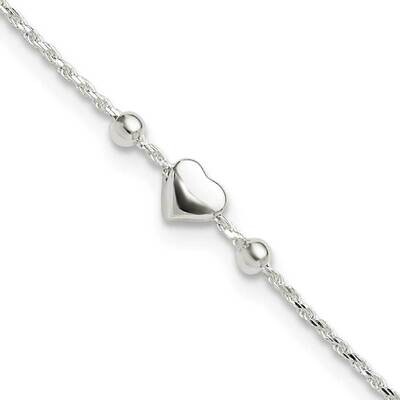 Heart 9 Inch Plus 1 Inch Extender Anklet Sterling Silver Polished QG6298-9, MPN: QG6298-9,