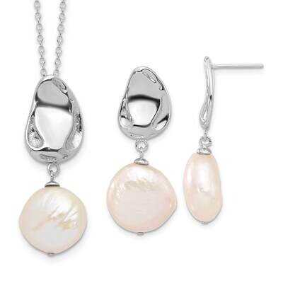 Rh-Plated 13-14mm Fwc Pearl 17 Inch Necklace Earring Set Sterling Silver QH5818SET, MPN: QH5818SET,