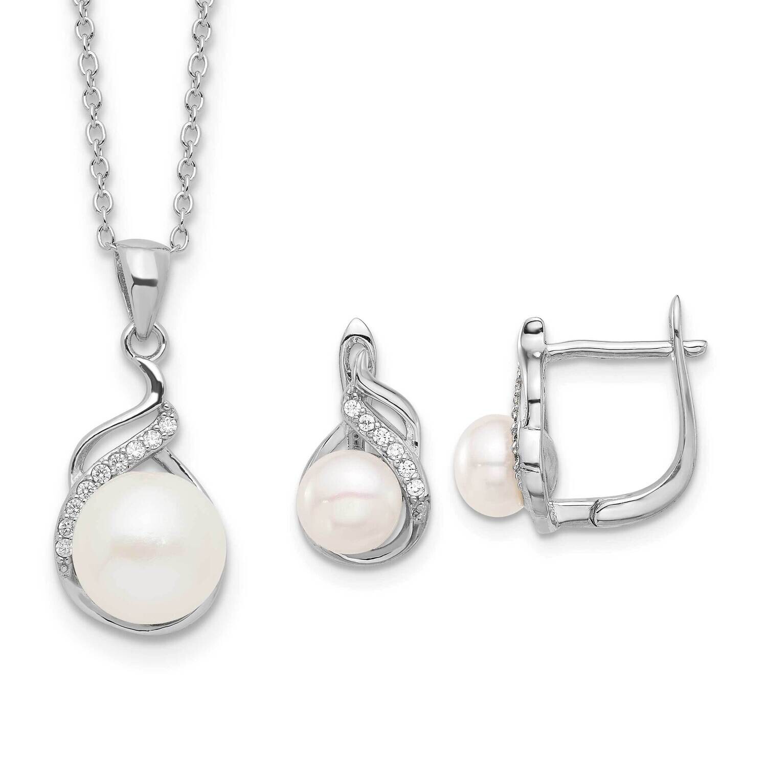 Rh-Plated 6-9mm Fwc Pearl CZ 17 Inch Necklace Earrings Set Sterling Silver QH5816SET, MPN: QH5816SE…