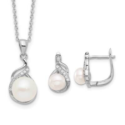 Rh-Plated 6-9mm Fwc Pearl CZ 17 Inch Necklace Earrings Set Sterling Silver QH5816SET, MPN: QH5816SE…