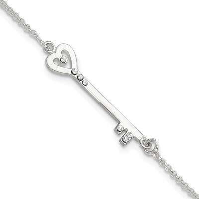 CZ Heart Key Bracelet 8 Inch Sterling Silver Polished QG6362-8, MPN: QG6362-8,