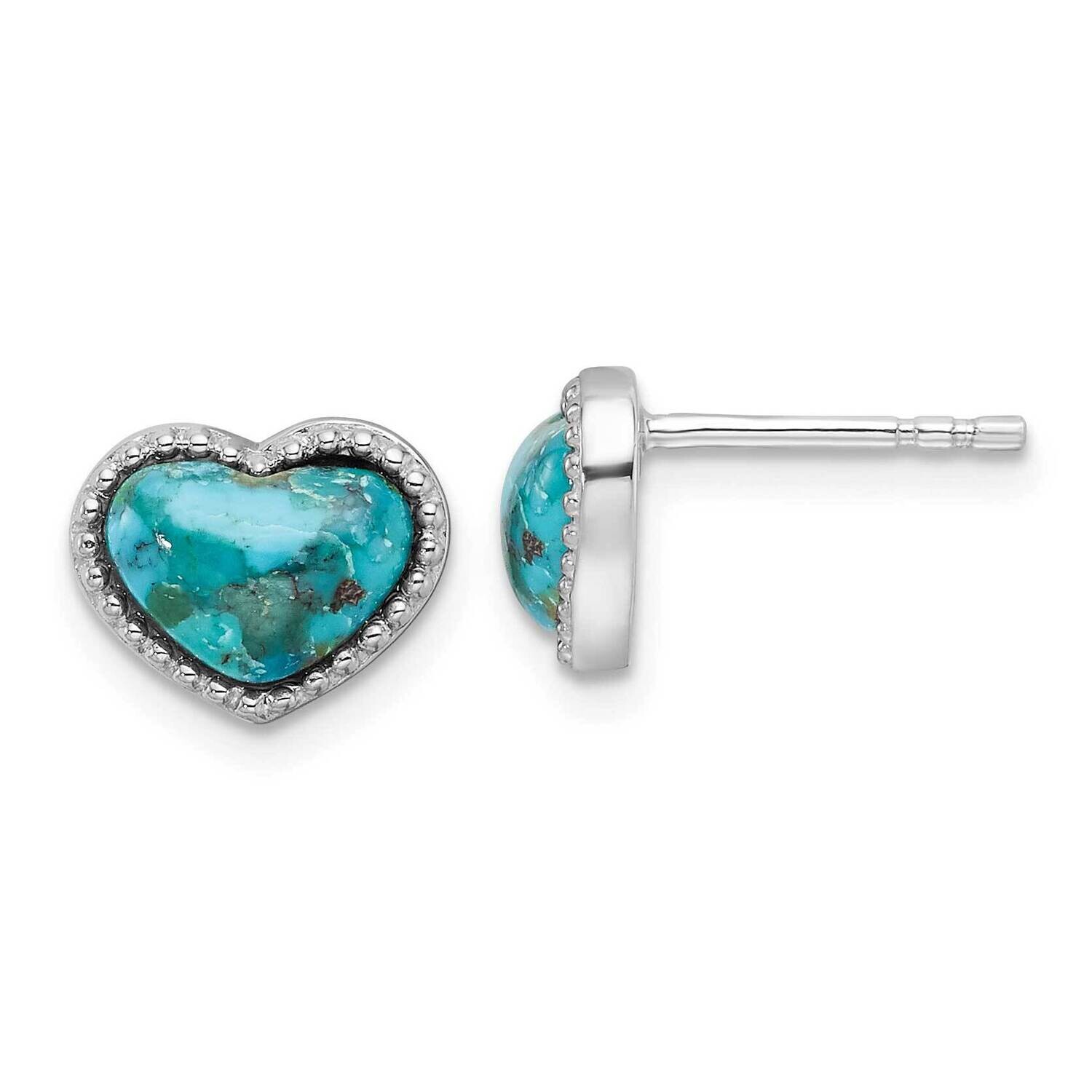 Rh-Pltd Beaded Edge Recon. Turquoise Heart Post Earrings Sterling Silver QE17417, MPN: QE17417,