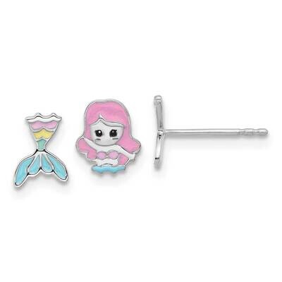 Rh-Pltd Multicolor Enamel Mermaid Children&#39;s Post Earrings Sterling Silver QE17739, MPN: QE17739,