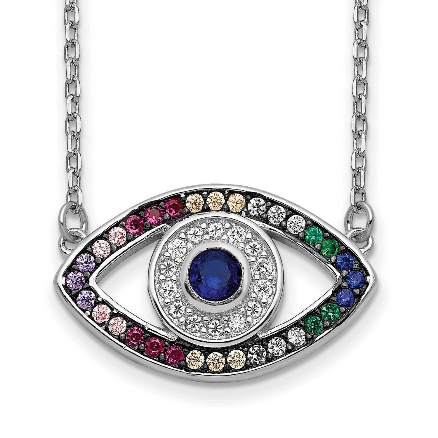 Prizma 16 Inch Colorful CZ Evil Eye Necklace 2 Inch Extender Sterling Silver Rhodium-Plated QG5703-…