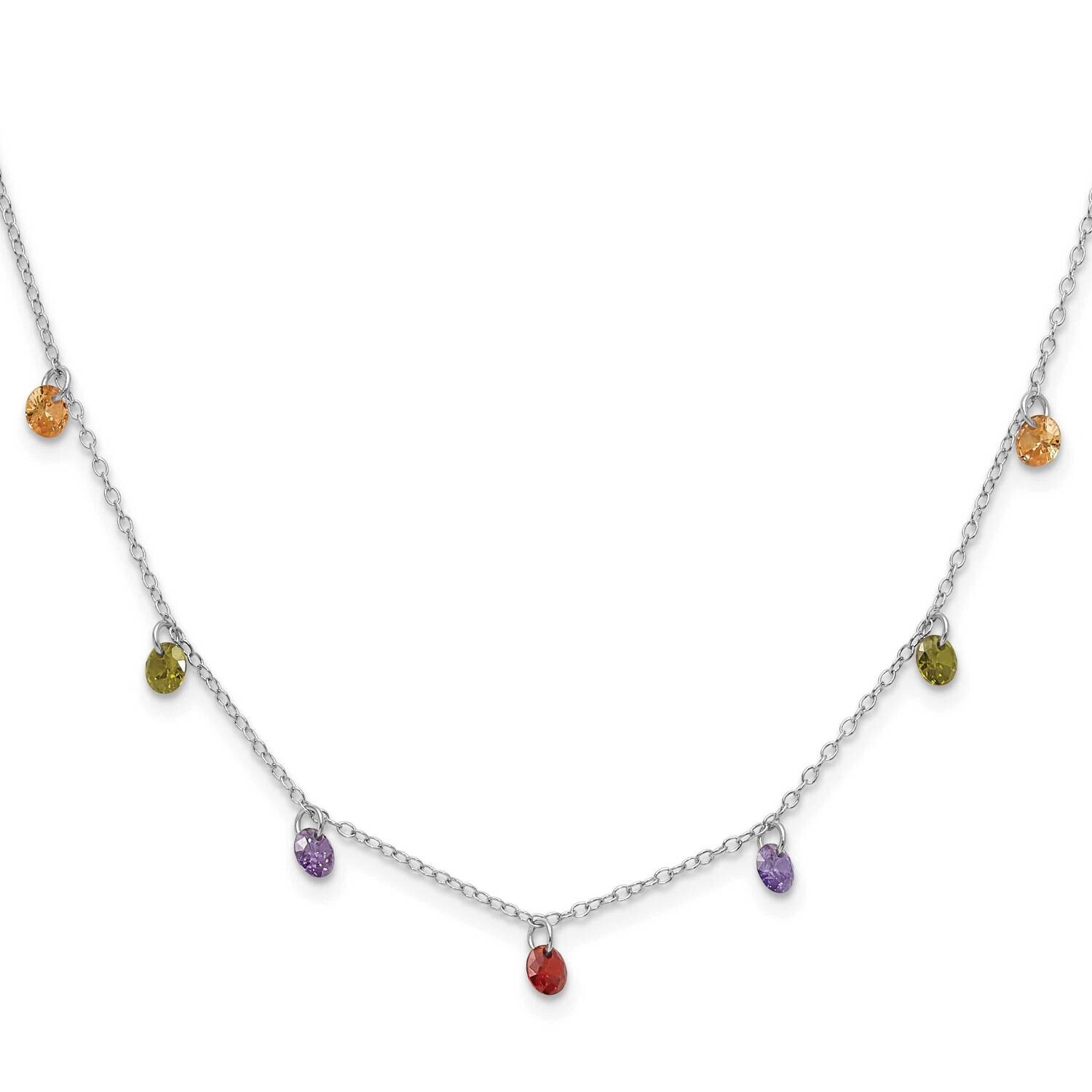 Prizma Rhodium Plated 16 Inch Dangling Colorful CZ Necklace 2 Inch Extender Sterling Silver QG5044-16