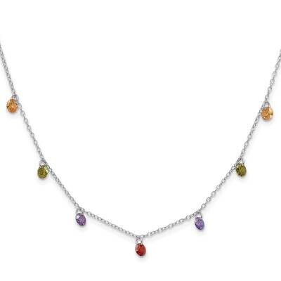 Prizma Rhodium Plated 16 Inch Dangling Colorful CZ Necklace 2 Inch Extender Sterling Silver QG5044-…