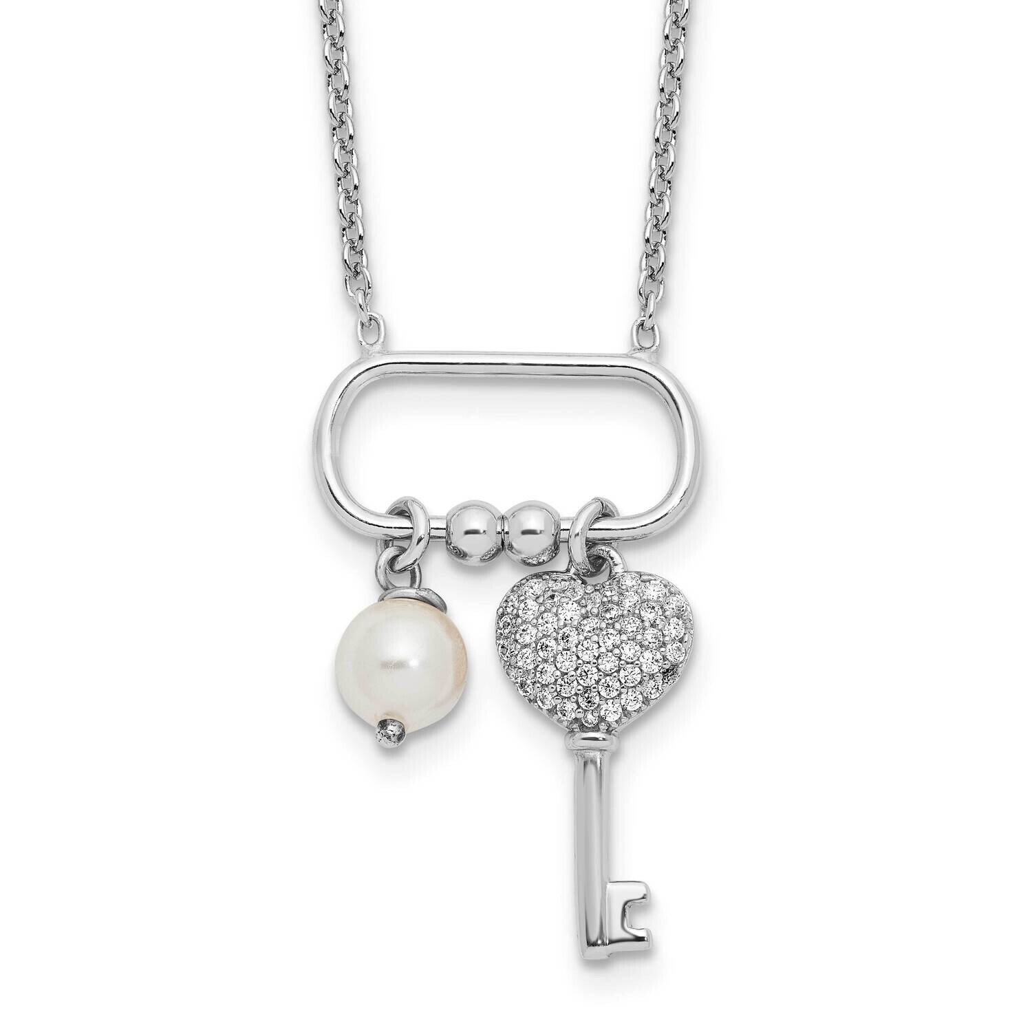 CZ Key/Glass Pearl 16 Inch 2 Inch Extension Necklace Sterling Silver Rhodium-Plated QG6601-16, MPN:…