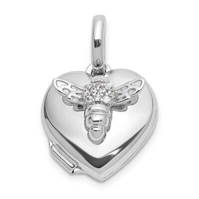Polished 12mm CZ Bee Heart Locket Sterling Silver Rhodium-Plated QLS1153, MPN: QLS1153,