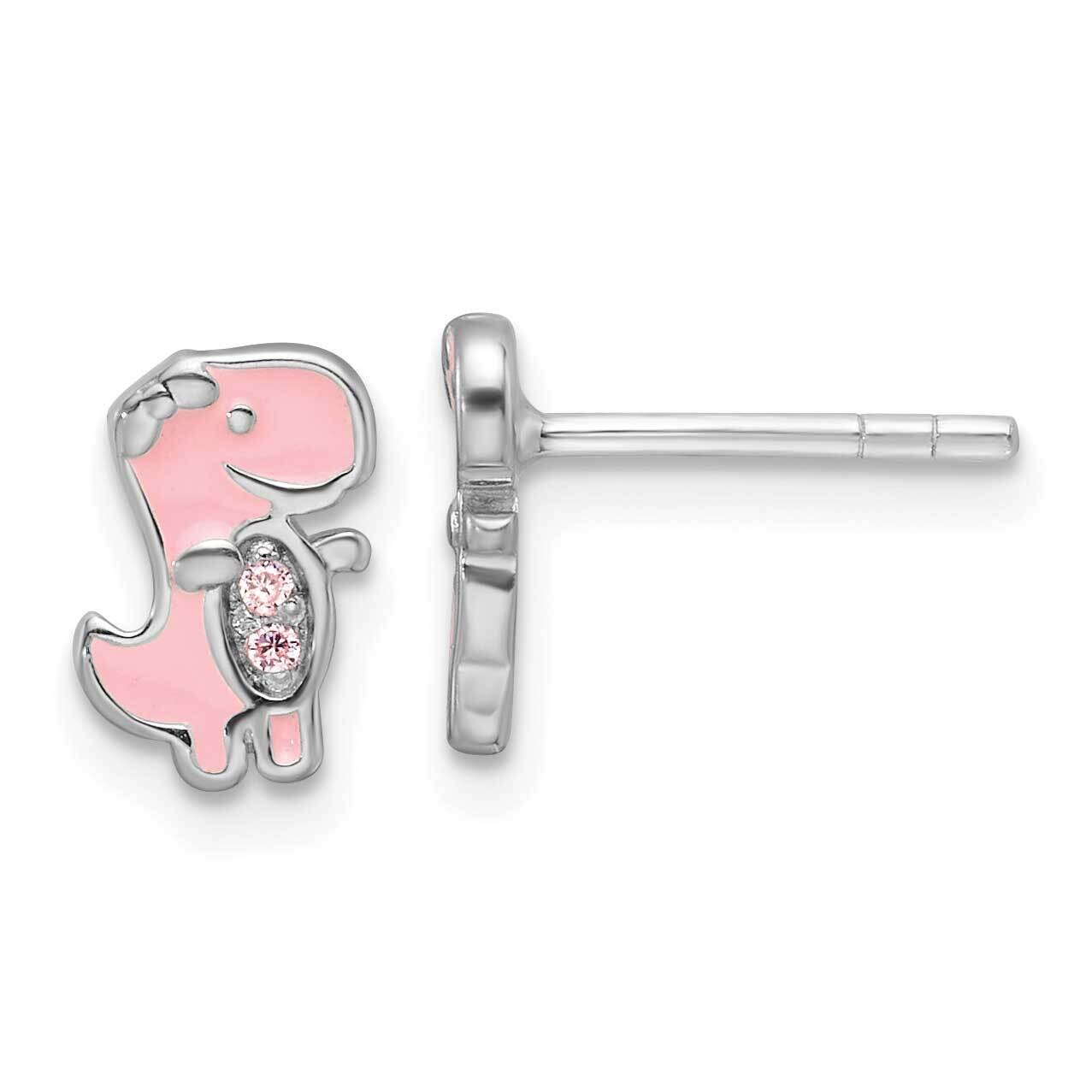 Rh-Pltd Pink CZ &amp; Enamel Dinosaur Children&#39;s Post Earrings Sterling Silver QE17736, MPN: QE17736,