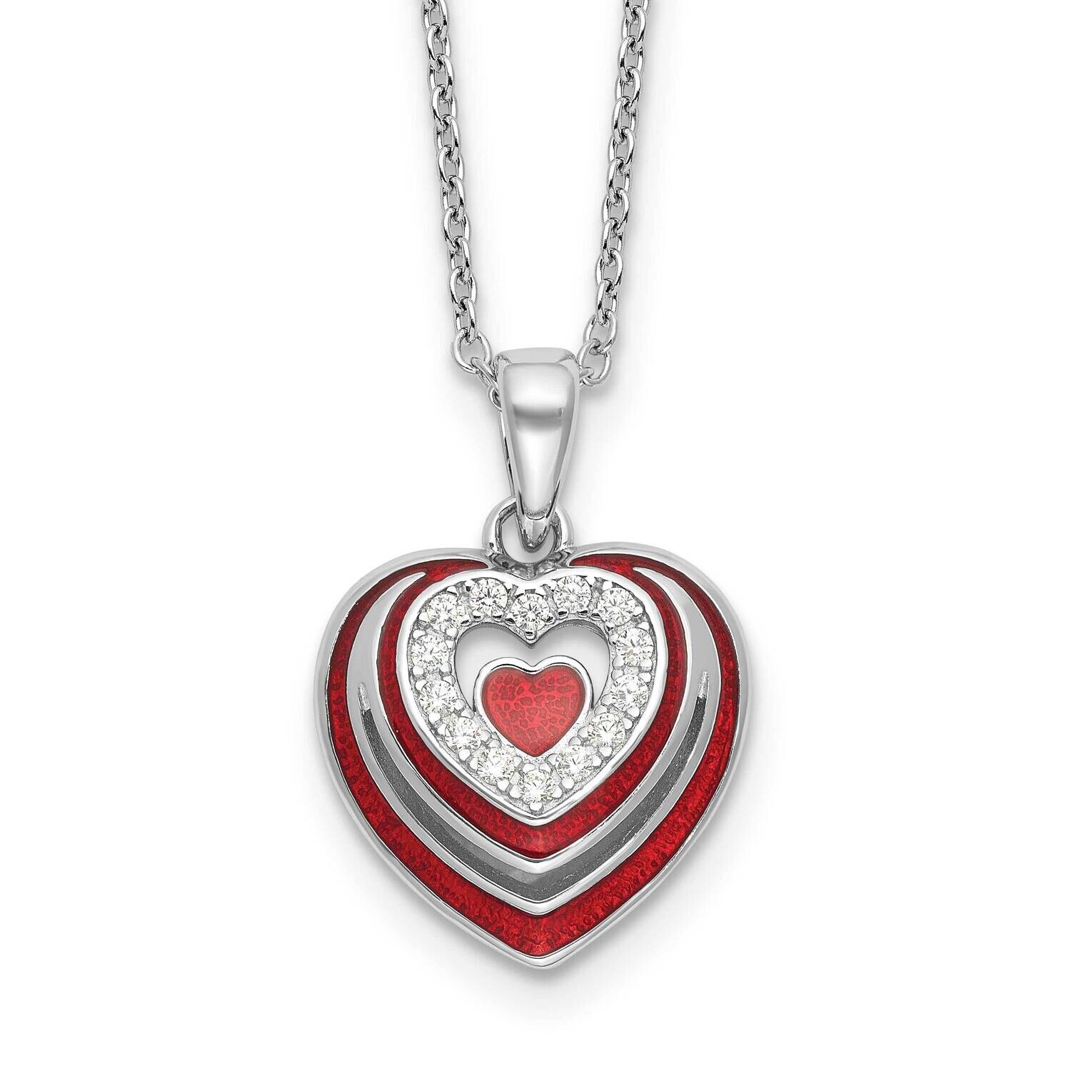 Rh-Plated CZ Red Enamel Heart W 1 Inch Extension Necklace Sterling Silver QG6610-18, MPN: QG6610-18,