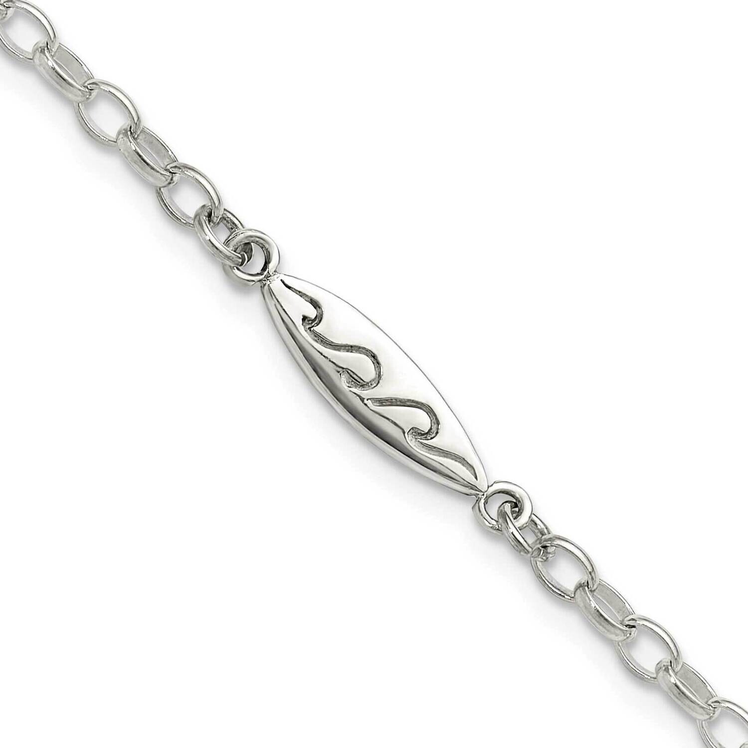 Antiqued Polished Etched Waves Surfboard Link Anklet Sterling Silver QG6320-9, MPN: QG6320-9,