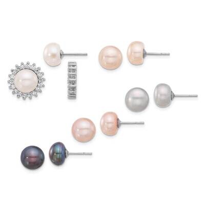 Rh CZ Jackets 5Pr 7-8mm Fwc Pearl Earrings Set Sterling Silver QE17206SET, MPN: QE17206SET,