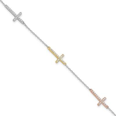 Rhod-Plated Gold/Rose-Tone CZ Cross 1 Inch Extender Bracelet Sterling Silver QG6471-7, MPN: QG6471-…