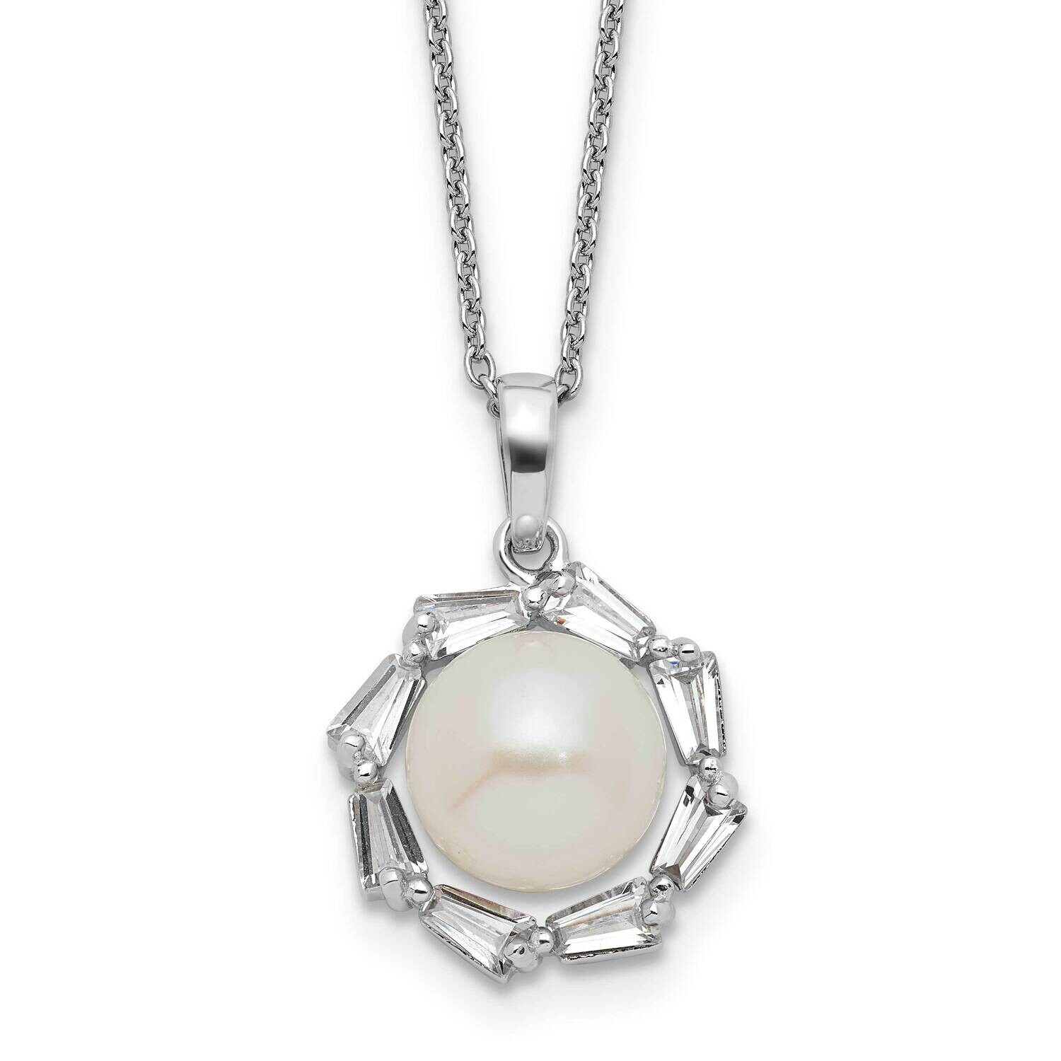 Rh-Plated 9-10mm Button Fwc Pearl CZ 17 Inch Necklace Sterling Silver QH5791-17, MPN: QH5791-17,