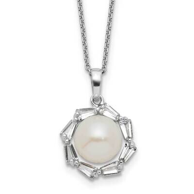 Rh-Plated 9-10mm Button Fwc Pearl CZ 17 Inch Necklace Sterling Silver QH5791-17, MPN: QH5791-17,