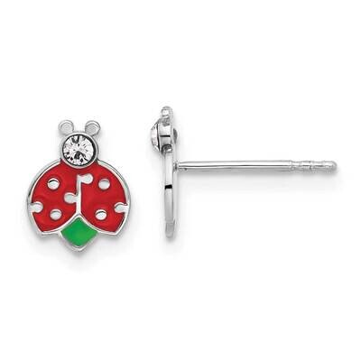 Polished Enameled &amp; Crystal Ladybug Children&#39;s Post Earrings Sterling Silver Rhodium-Plated QE17747…