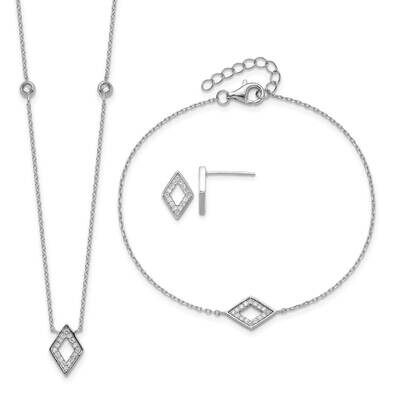 Rh-Plated CZ 7 Inch Bracelet 18 Inch Necklace Post Earrings Set Sterling Silver QG6542SET, MPN: QG6…