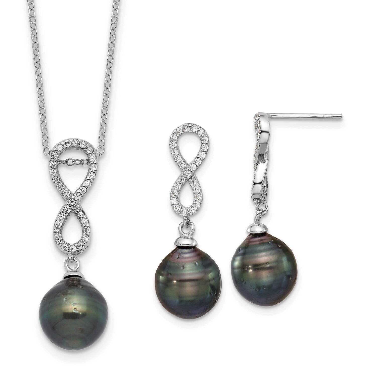 Rh-Plated Tahitian Pearl CZ Infinity Necklace Earring Set Sterling Silver QH5770SET, MPN: QH5770SET,