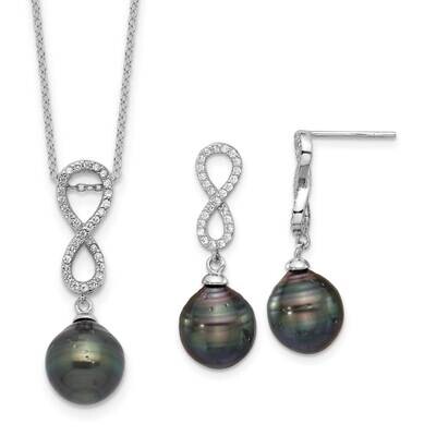 Rh-Plated Tahitian Pearl CZ Infinity Necklace Earring Set Sterling Silver QH5770SET, MPN: QH5770SET,