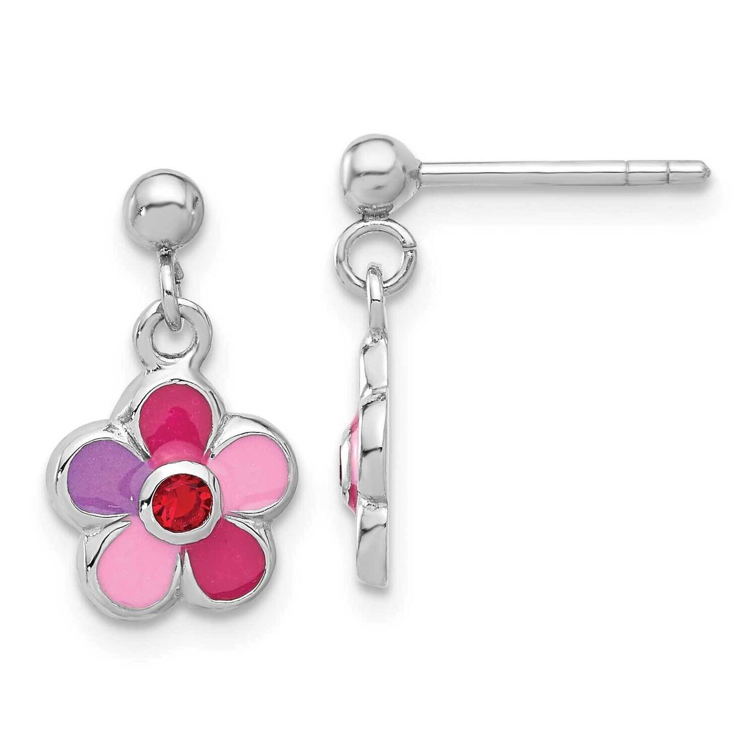 Polished &amp; Multi-Color Enameled Red Crystal Flower Children&#39;s Post Dangle Earrings Sterling Silver …
