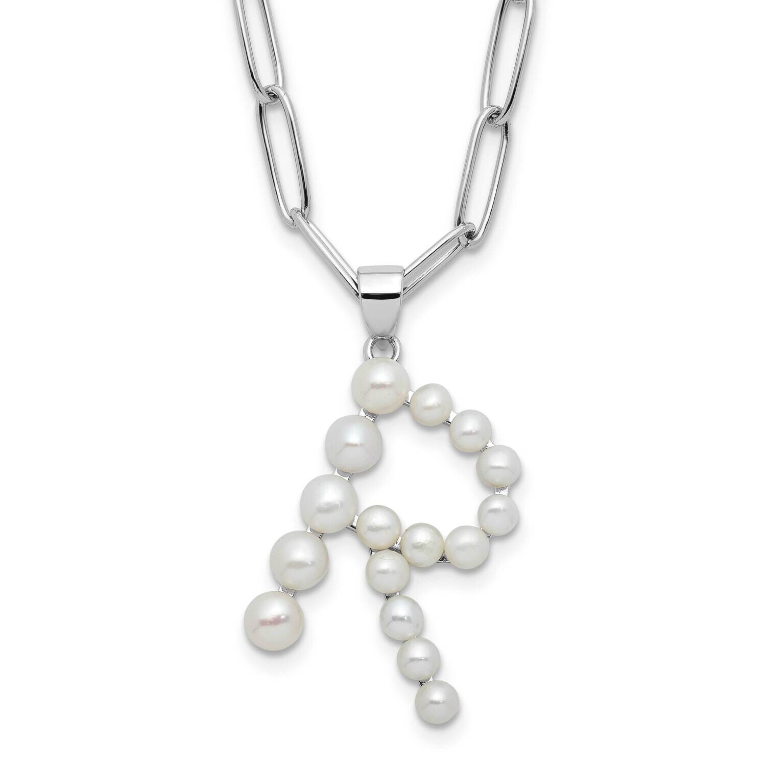 Rh-Plated 3-5.5mm Fwc Pearl Letter R 18 Inch Necklace Sterling Silver QH5808R-18, MPN: QH5808R-18,