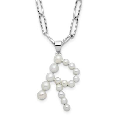 Rh-Plated 3-5.5mm Fwc Pearl Letter R 18 Inch Necklace Sterling Silver QH5808R-18, MPN: QH5808R-18,