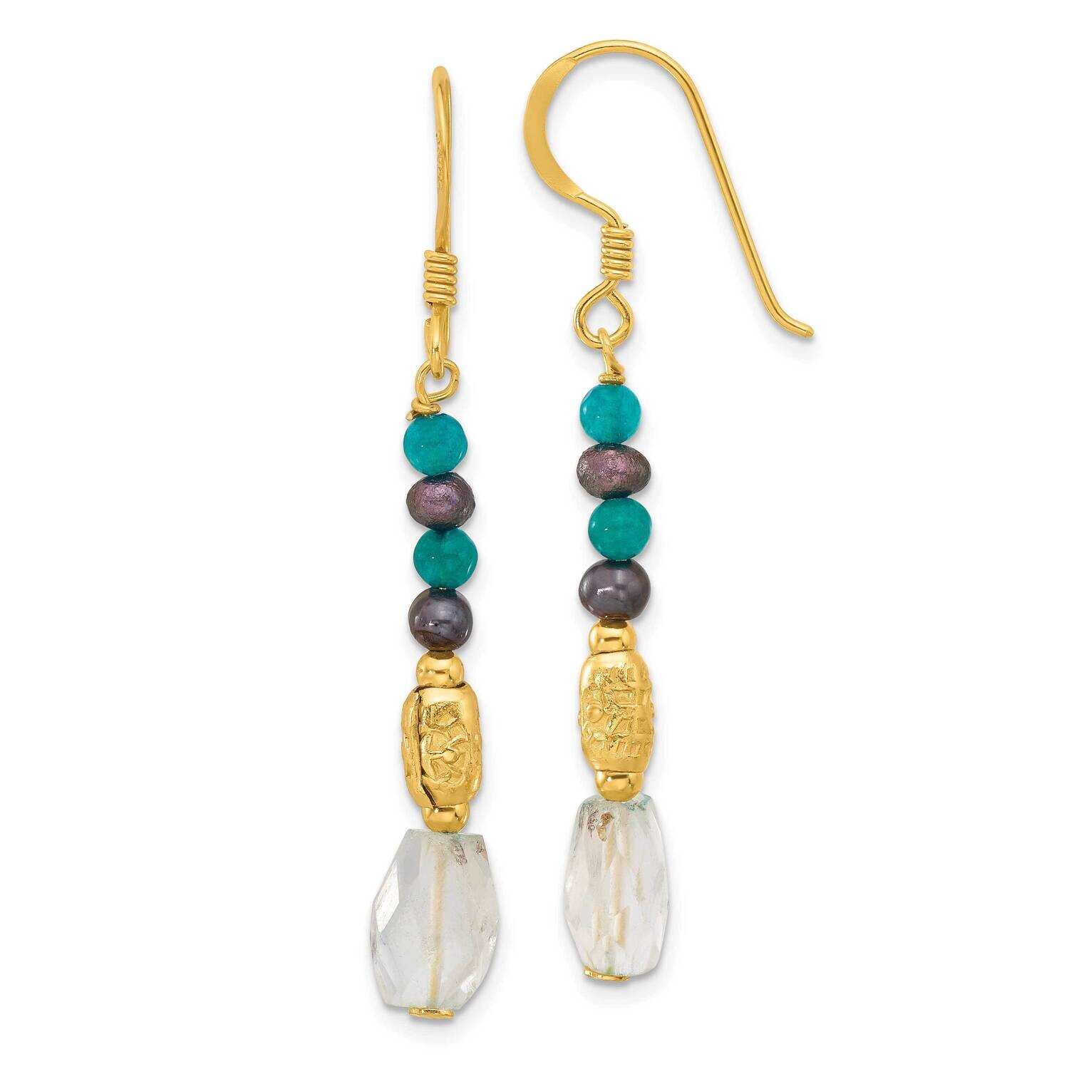 Gold-Plated Polished & Textured Black Freshwater Cultured Pearl & Blue Quartz Beaded Dangle Earrings Sterling Silver QE17369