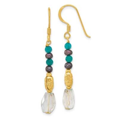 Gold-Plated Polished &amp; Textured Black Freshwater Cultured Pearl &amp; Blue Quartz Beaded Dangle Earring…