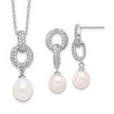 Rh-Plated 7-9mm Fwc Pearl CZ Necklace Post Earrings Set Sterling Silver QH5826SET, MPN: QH5826SET,