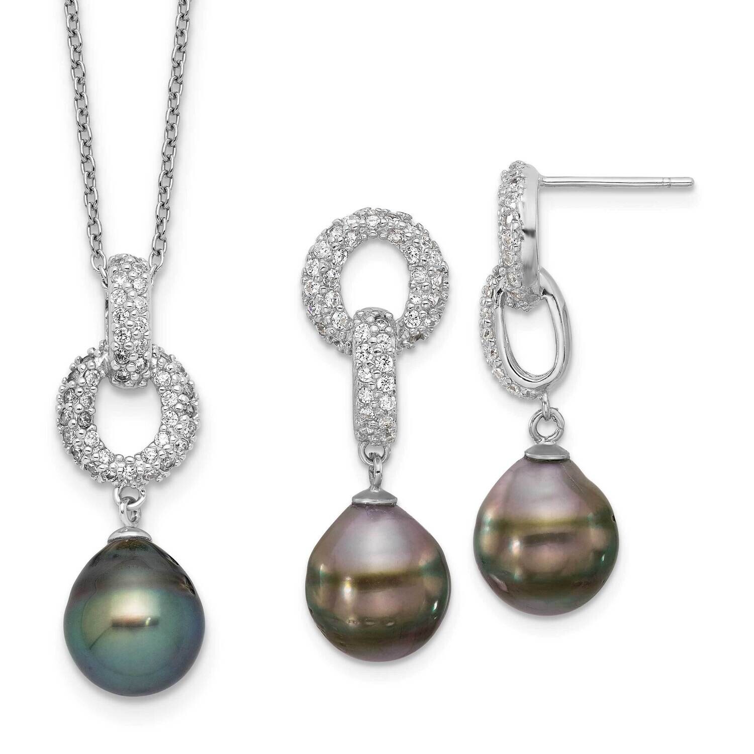 Rh-Plated 9-10mm Tahitian Pearl CZ Necklace Earring Set Sterling Silver QH5769SET, MPN: QH5769SET,