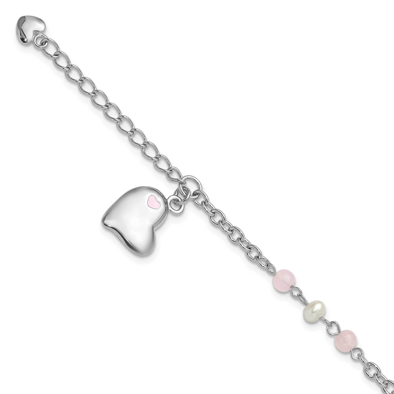 Crystal Fwc Pearl Enamel Dangle Heart 1 Inch Extension Bracelet Sterling Silver Rhodium-Plated QG63…