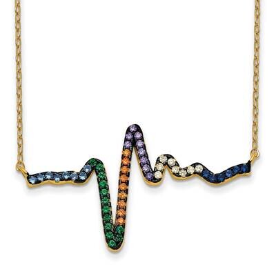 Prizma Flash Gold-Plated 18 Inch Colorful CZ Heartbeat Necklace 1 Inch Extender Sterling Silver Gol…