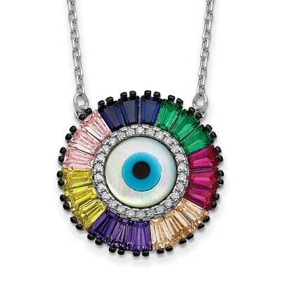 Prizma 16 Inch White Colorful CZ Glass Evil Eye Necklace 2 Inch Extender Sterling Silver Rhodium-Pl…