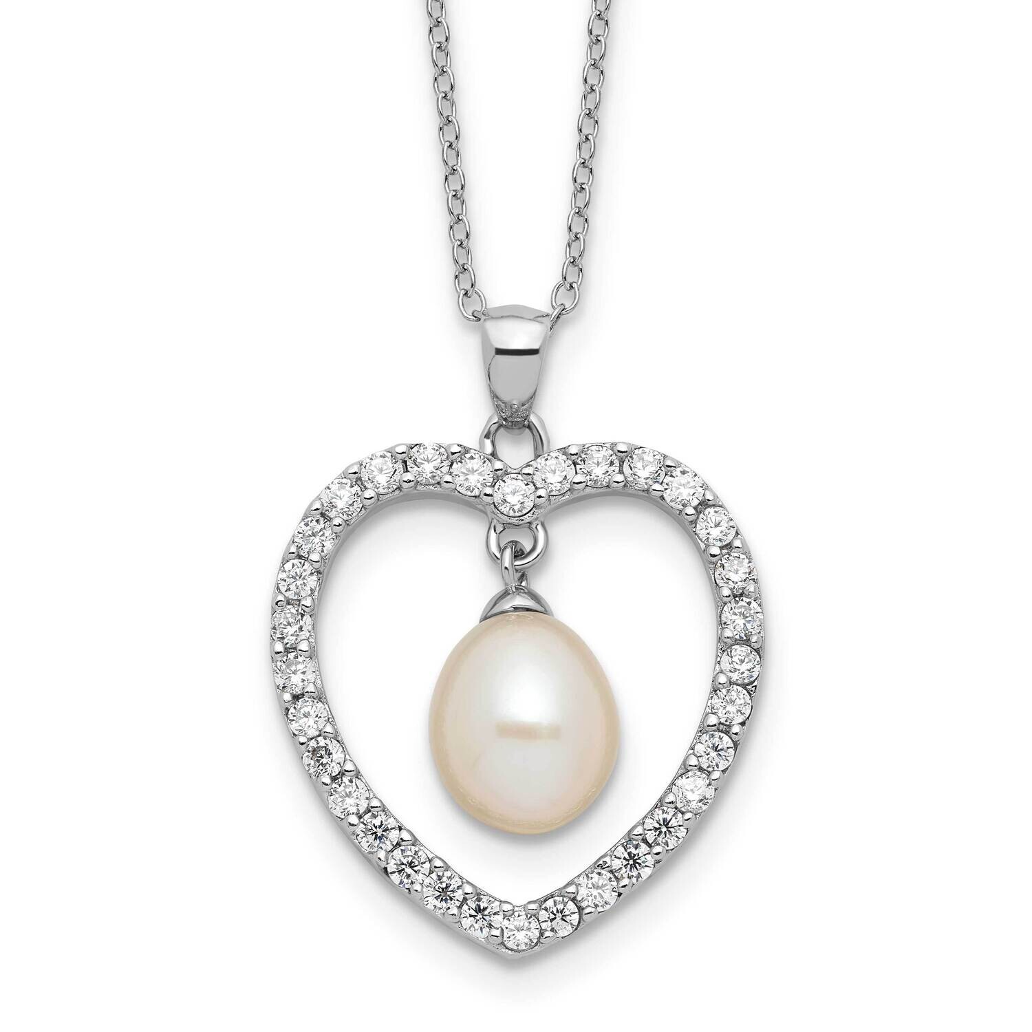 Rh-Plated 8-8.5mm Fwc Pearl CZ Heart 17 Inch Necklace Sterling Silver QH5789-17, MPN: QH5789-17,