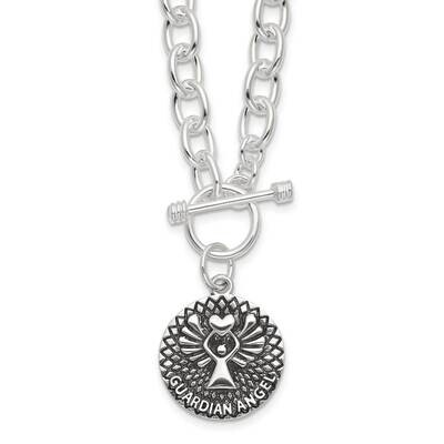Oxidized Dangle Guardian Angel Toggle Clasp Necklace Sterling Silver QG6566-18.5, MPN: QG6566-18.5,