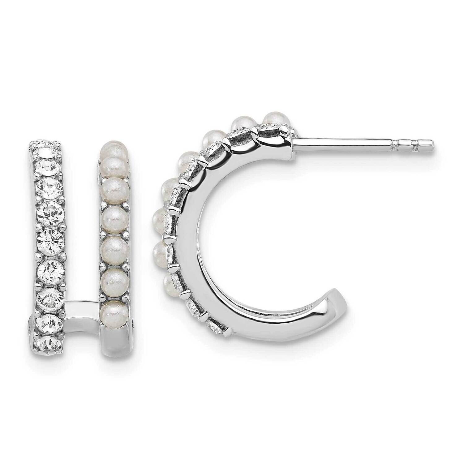 Rh-Plated Fwc Pearl Crystal Double Post Hoop Earrings Sterling Silver QE17236