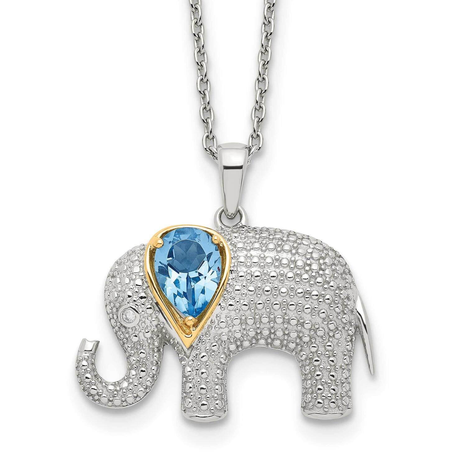 Brilliant Gemstones Sterling Silver Accent Rhodium-Plated Blue Topaz Diamond Elephant 18 Inch Necklace 2 Inch Extender 14k Gold QG6230-17