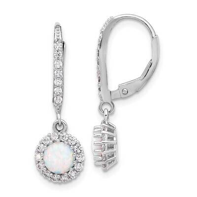 Rh-Plated CZ &amp; Cr. Opal Halo Dangle Leverback Earrings Sterling Silver QE17449, MPN: QE17449,